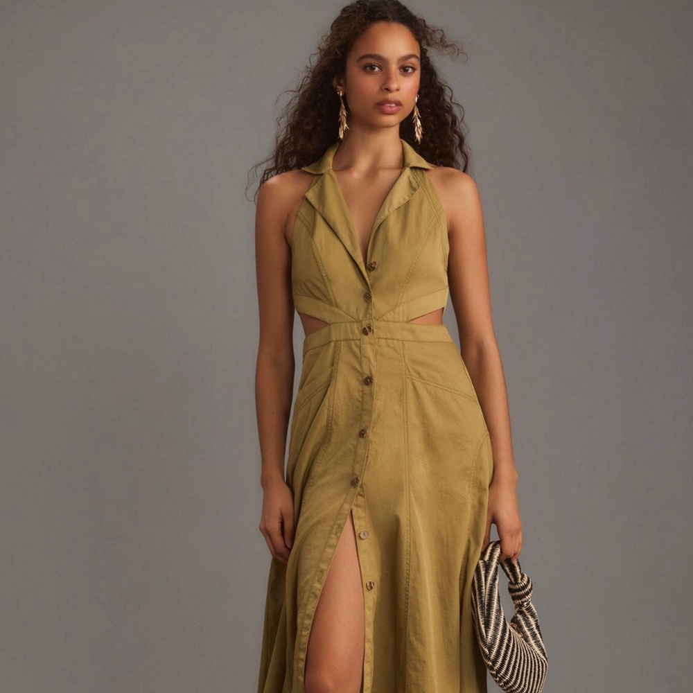 Anthropologie Pilcro Halter Plunge Midi Dress Sz 8 Moss #9G414